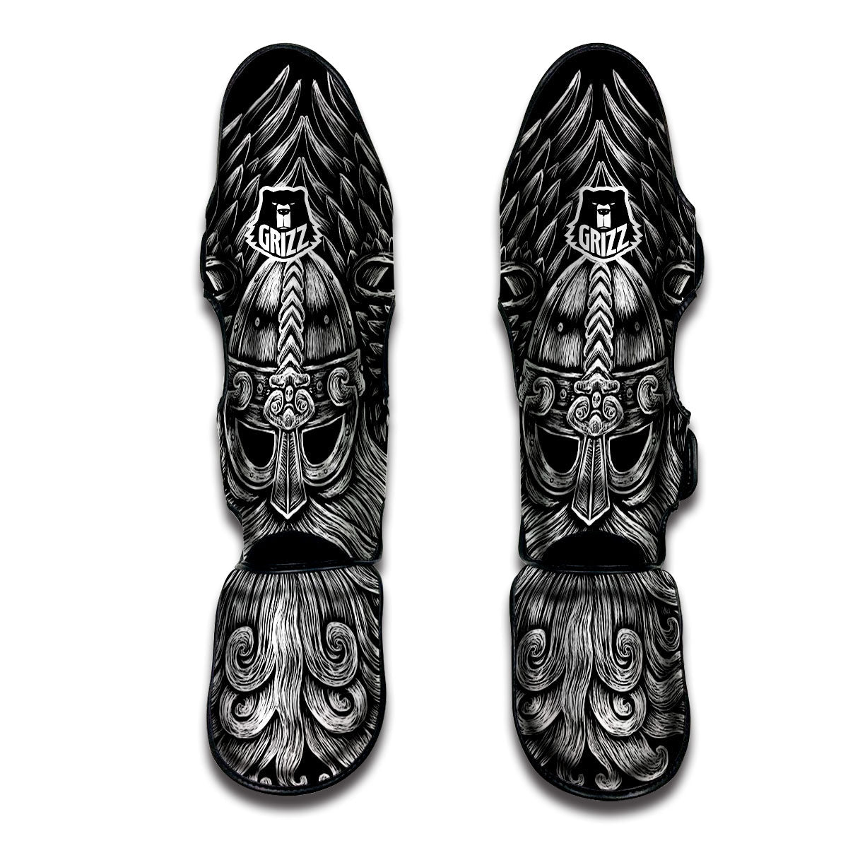 Odin With Crows White And Black Print Muay Thai Shin Guards-grizzshop