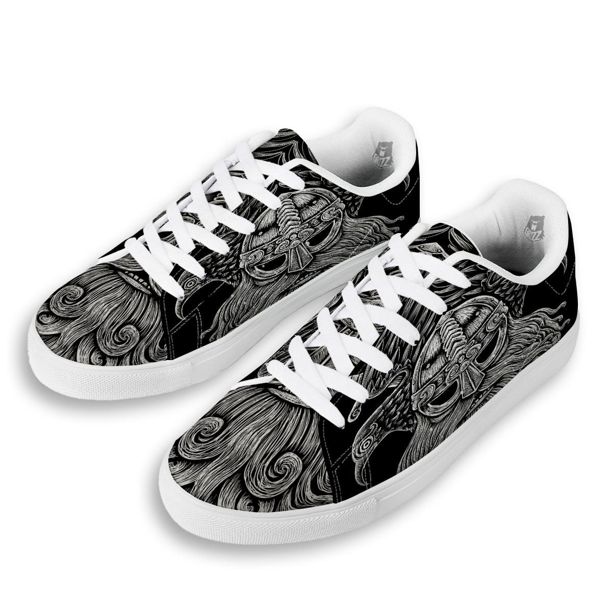 Odin With Crows White And Black Print White Low Top Sneakers-grizzshop