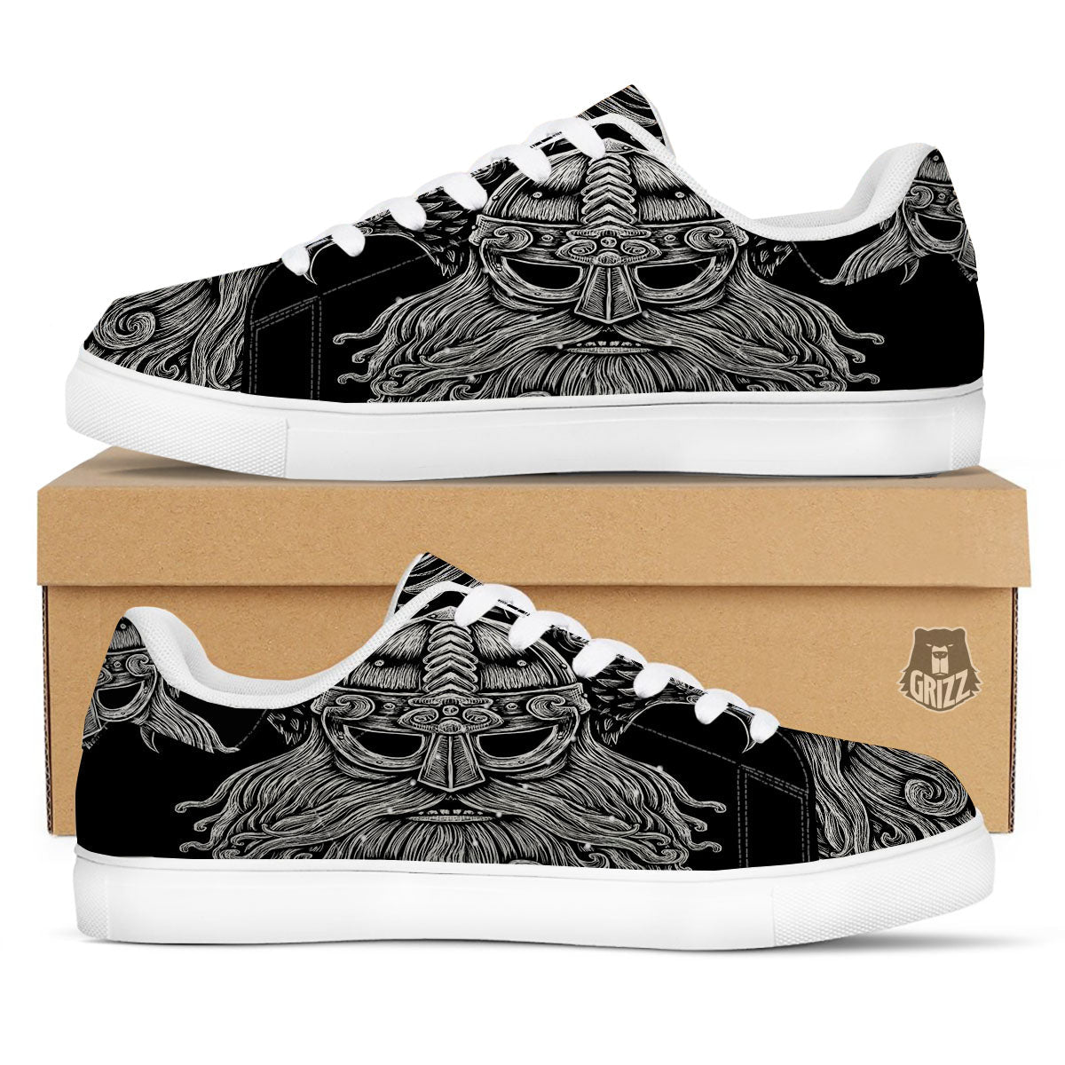 Odin With Crows White And Black Print White Low Top Sneakers-grizzshop