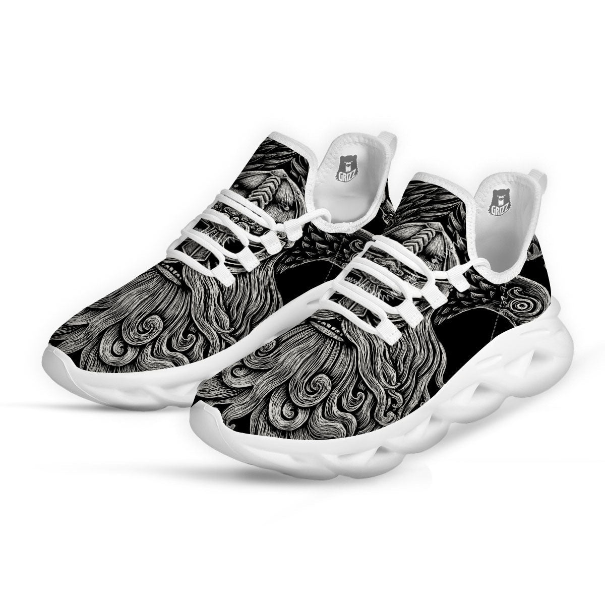 Odin With Crows White And Black Print White Running Shoes-grizzshop