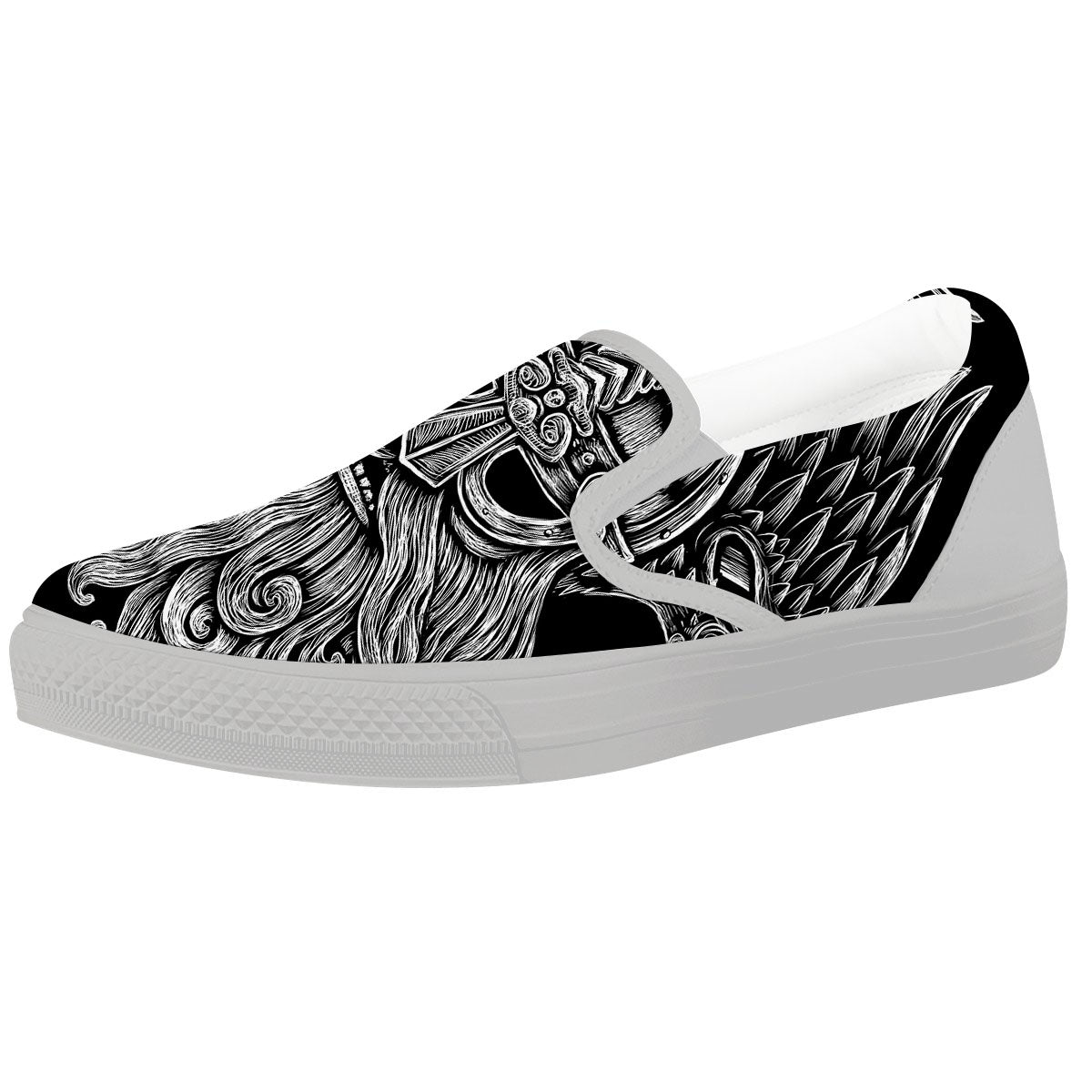 Odin With Crows White And Black Print White Slip On Shoes-grizzshop