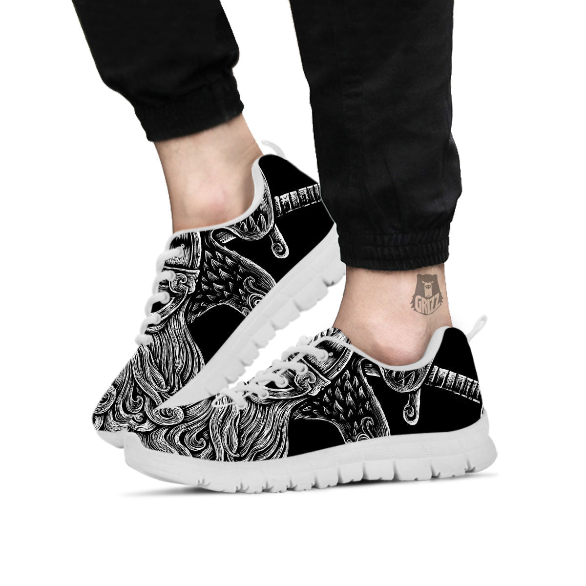 Odin With Crows White And Black Print White Sneaker-grizzshop