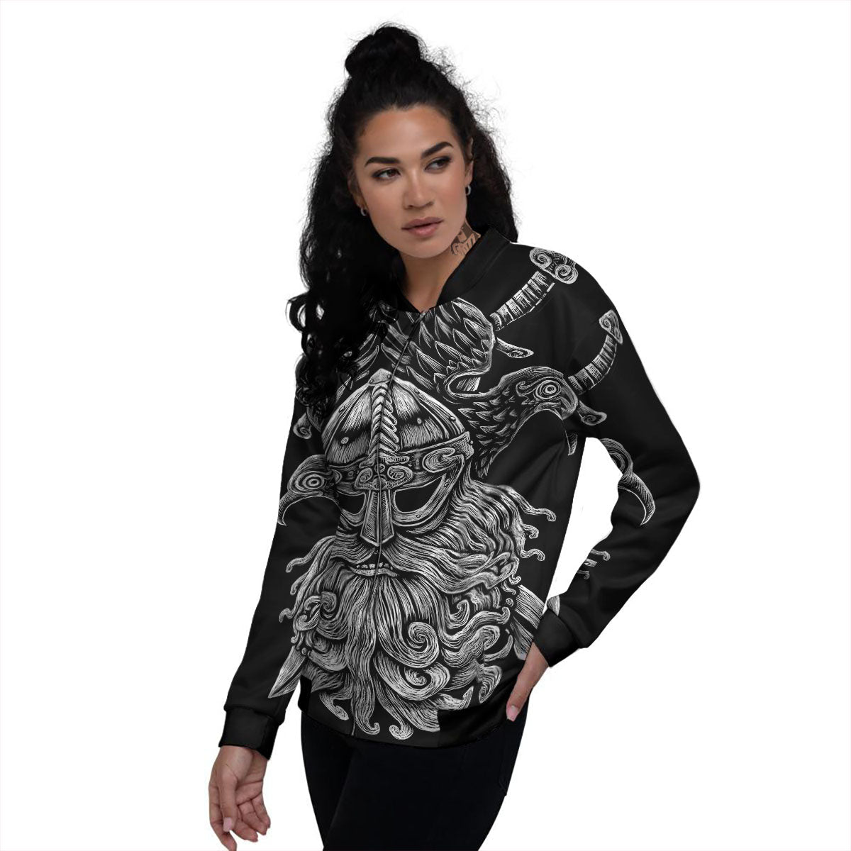 Odin With Crows White And Black Print Women's Bomber Jacket-grizzshop
