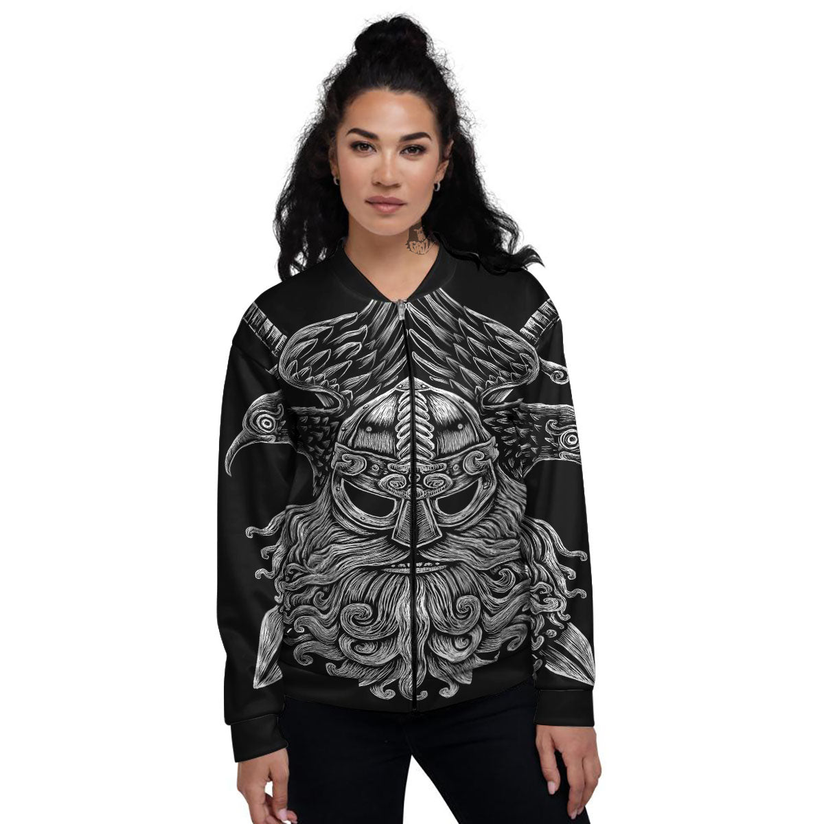 Odin With Crows White And Black Print Women's Bomber Jacket-grizzshop
