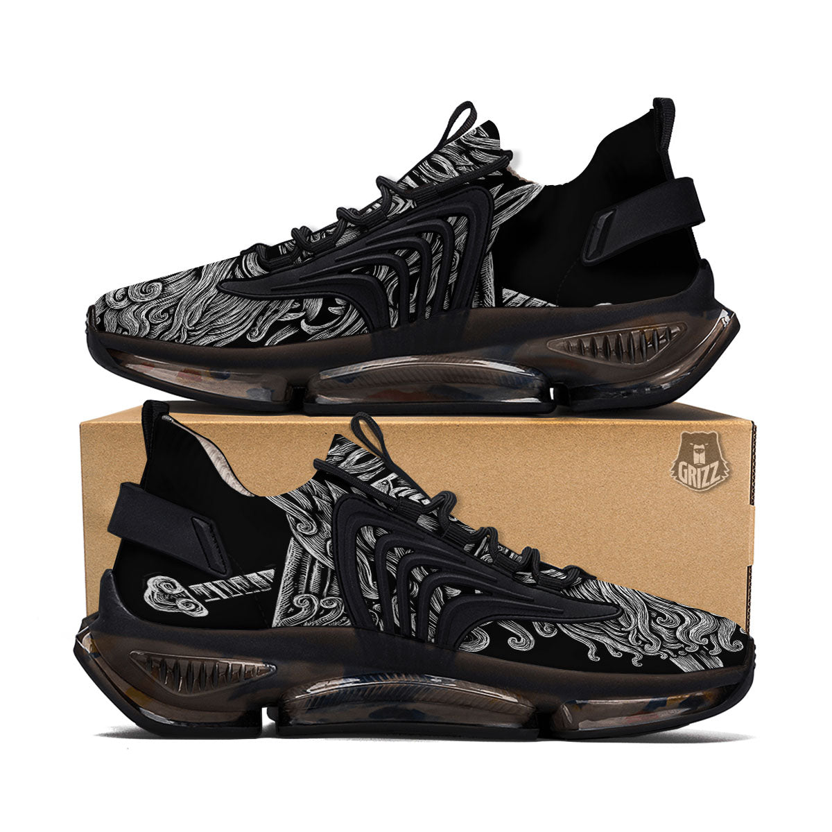 Odin With Wolfs White And Black Print Black Gym Shoes-grizzshop