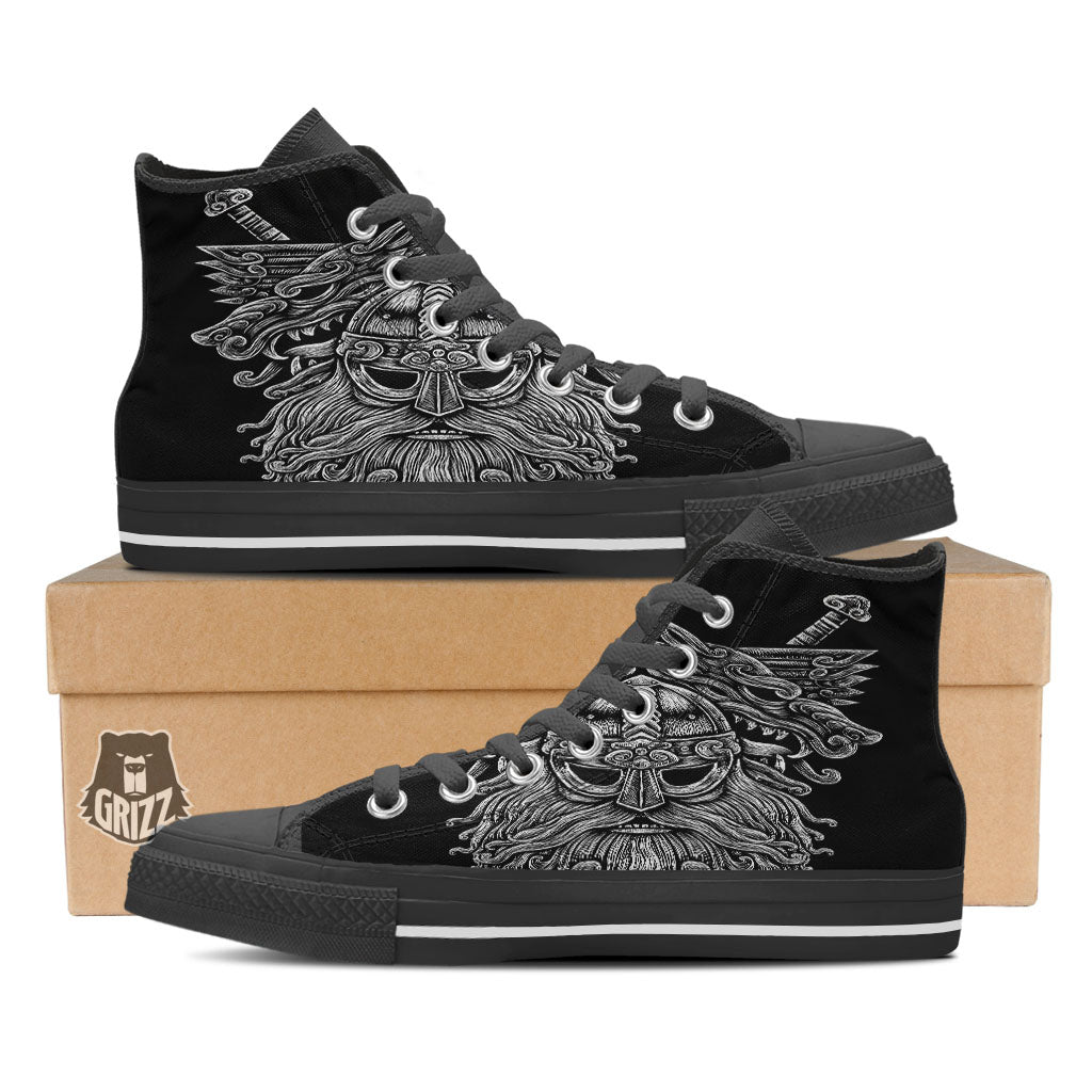 Odin With Wolfs White And Black Print Black High Top Shoes-grizzshop
