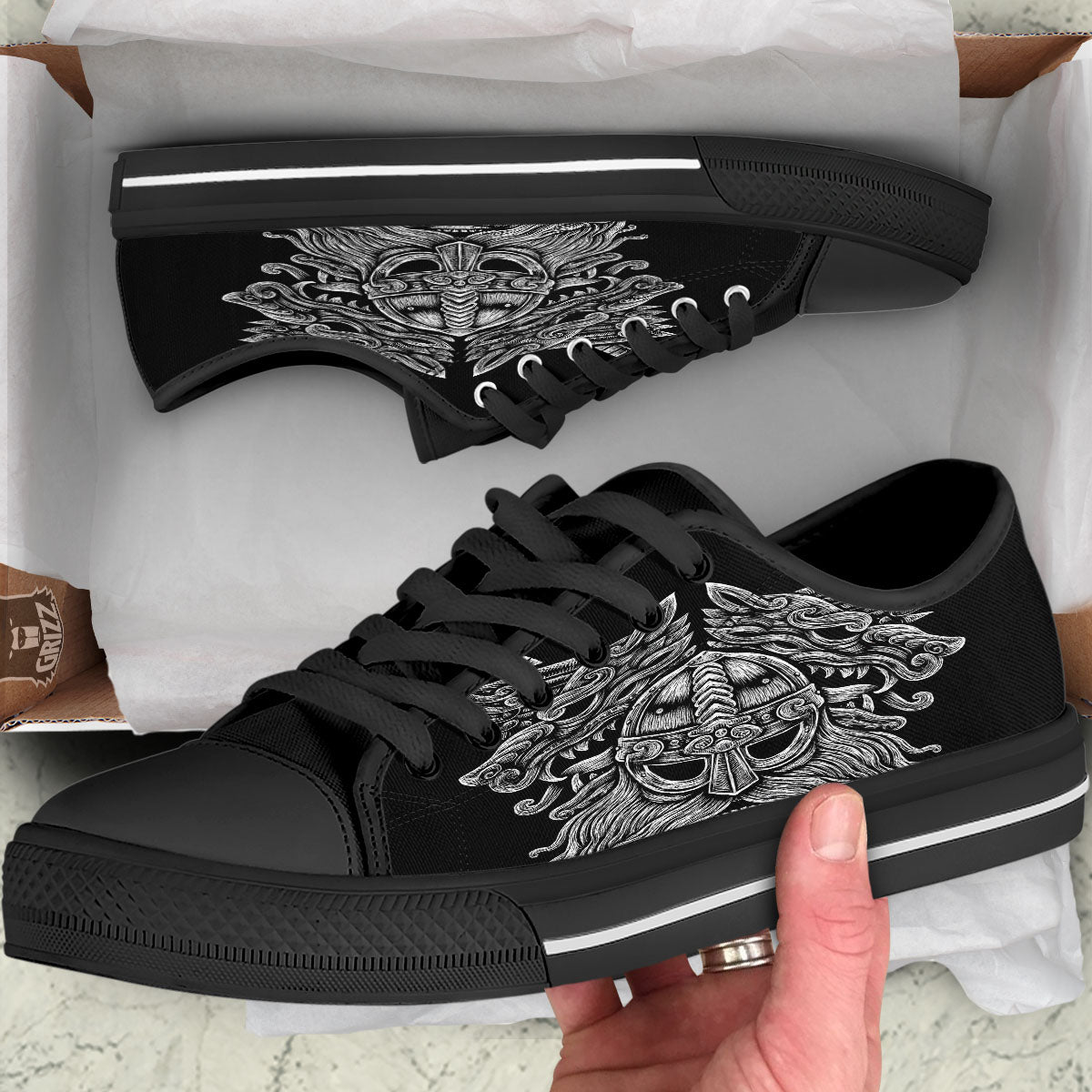 Odin With Wolfs White And Black Print Black Low Top Shoes-grizzshop