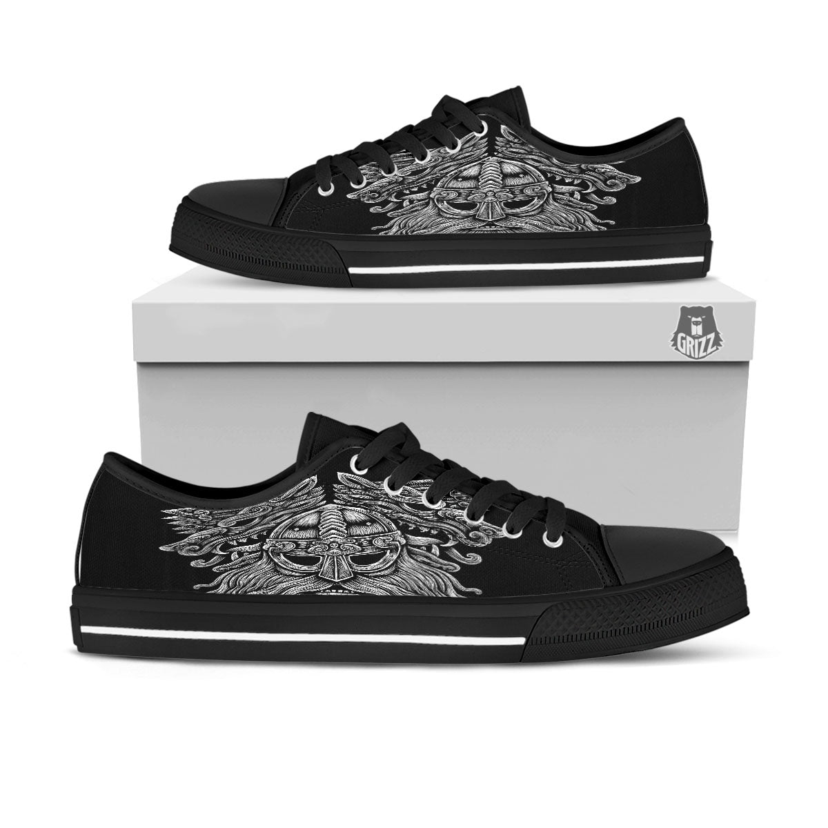 Odin With Wolfs White And Black Print Black Low Top Shoes-grizzshop