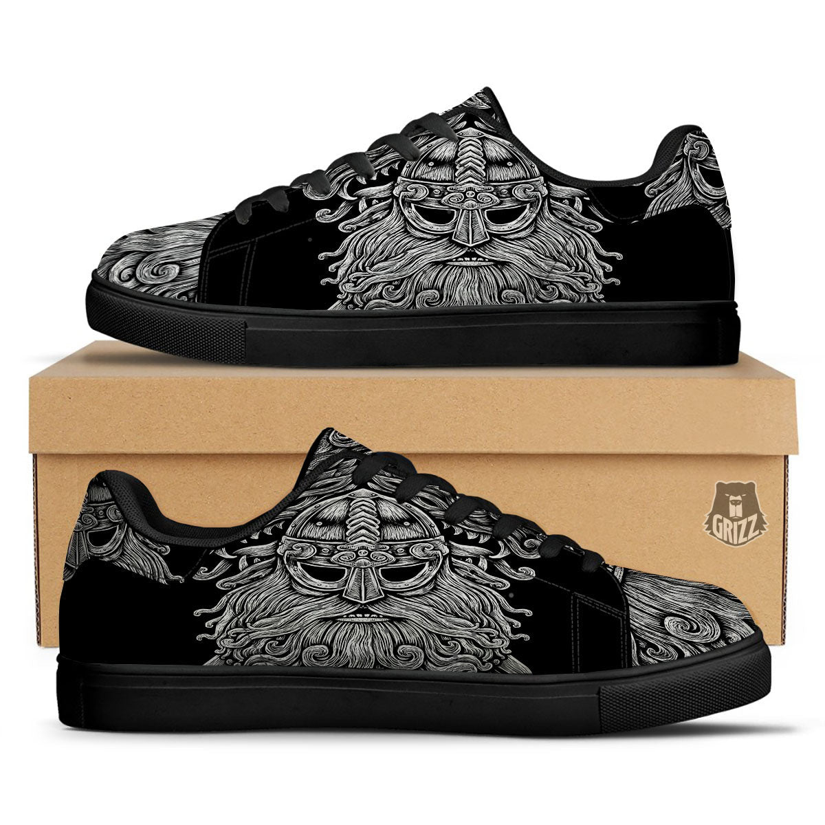 Odin With Wolfs White And Black Print Black Low Top Sneakers-grizzshop