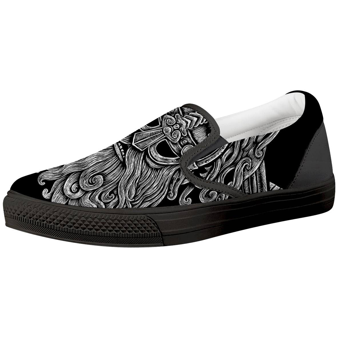Odin With Wolfs White And Black Print Black Slip On Shoes-grizzshop