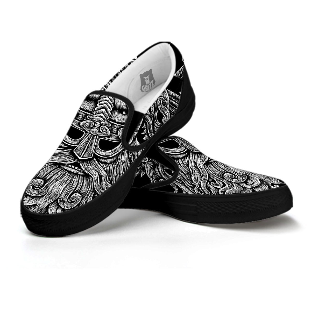 Odin With Wolfs White And Black Print Black Slip On Shoes-grizzshop