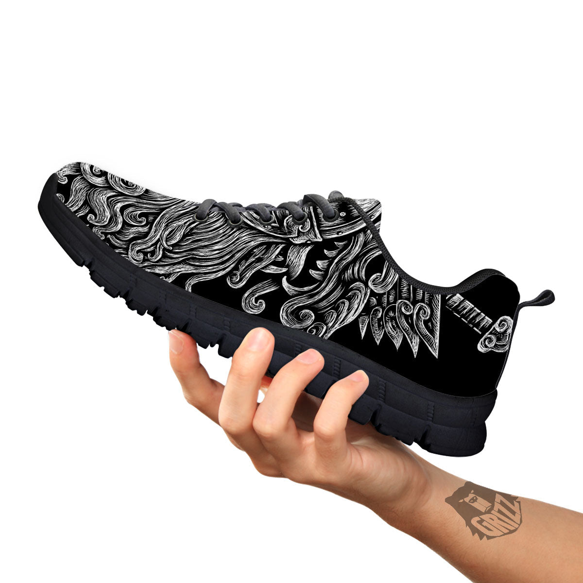 Odin With Wolfs White And Black Print Black Sneaker-grizzshop