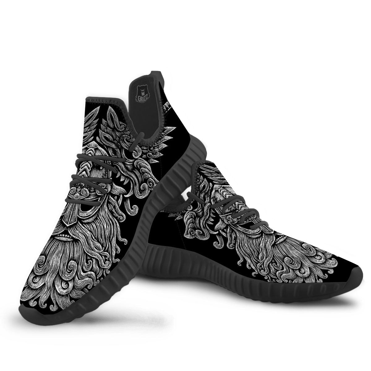 Odin With Wolfs White And Black Print Black Walking Shoes-grizzshop