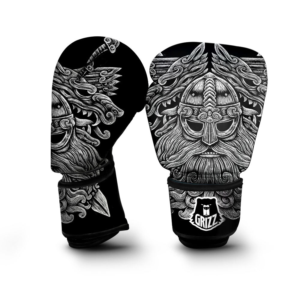 Odin With Wolfs White And Black Print Boxing Gloves-grizzshop