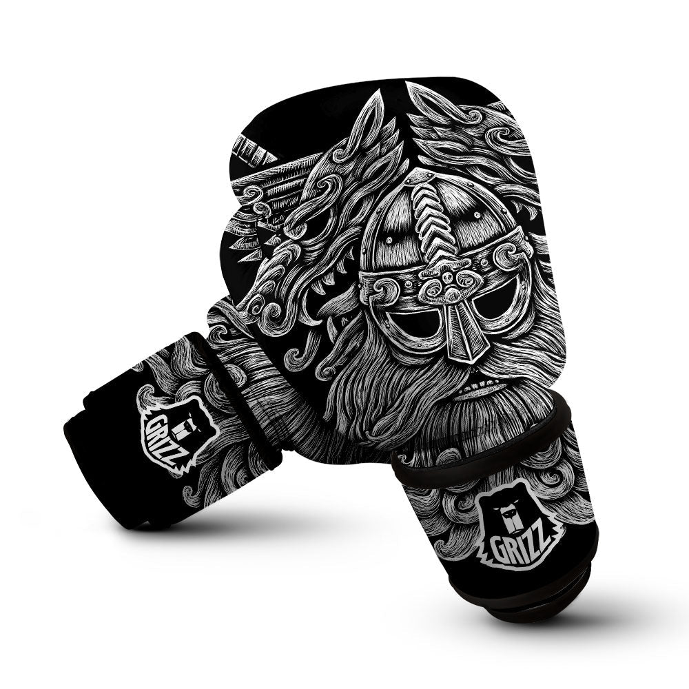 Odin With Wolfs White And Black Print Boxing Gloves-grizzshop