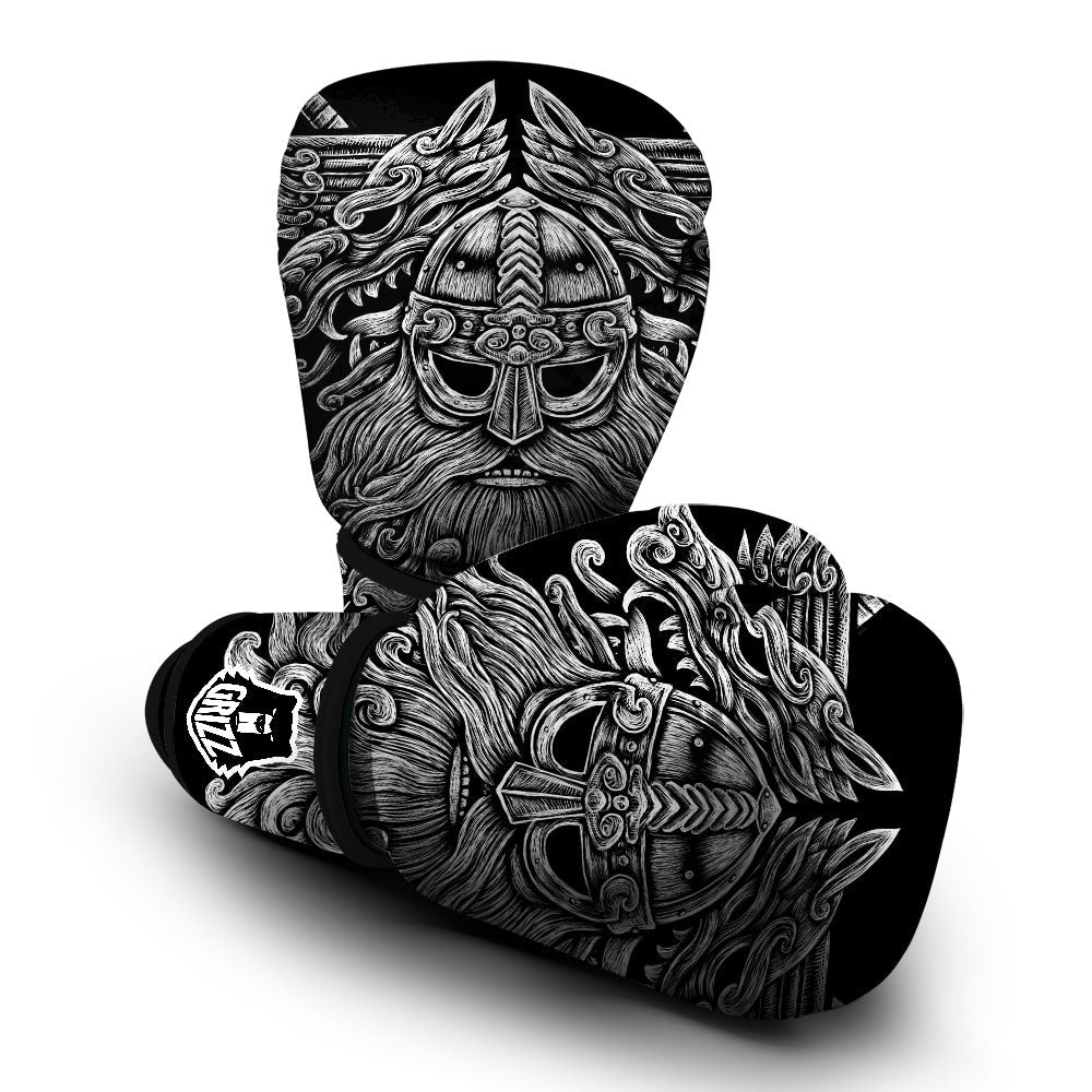 Odin With Wolfs White And Black Print Boxing Gloves-grizzshop