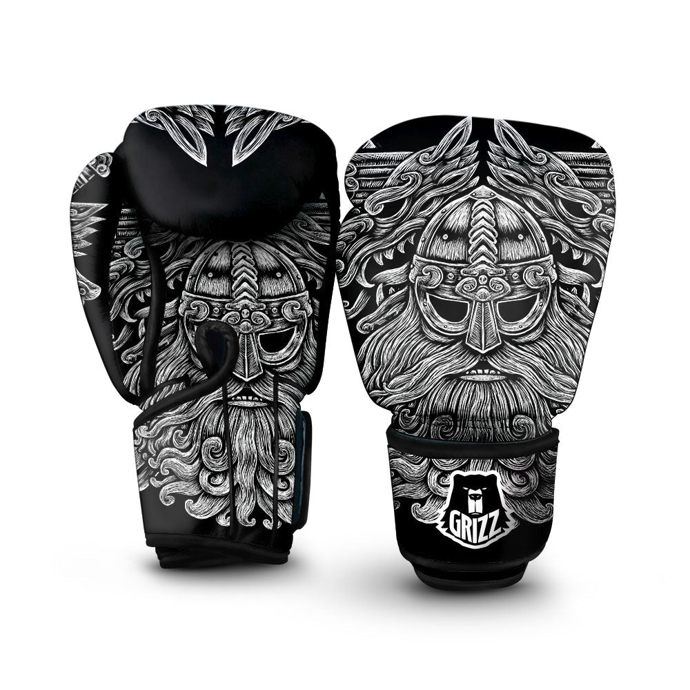 Odin With Wolfs White And Black Print Boxing Gloves-grizzshop