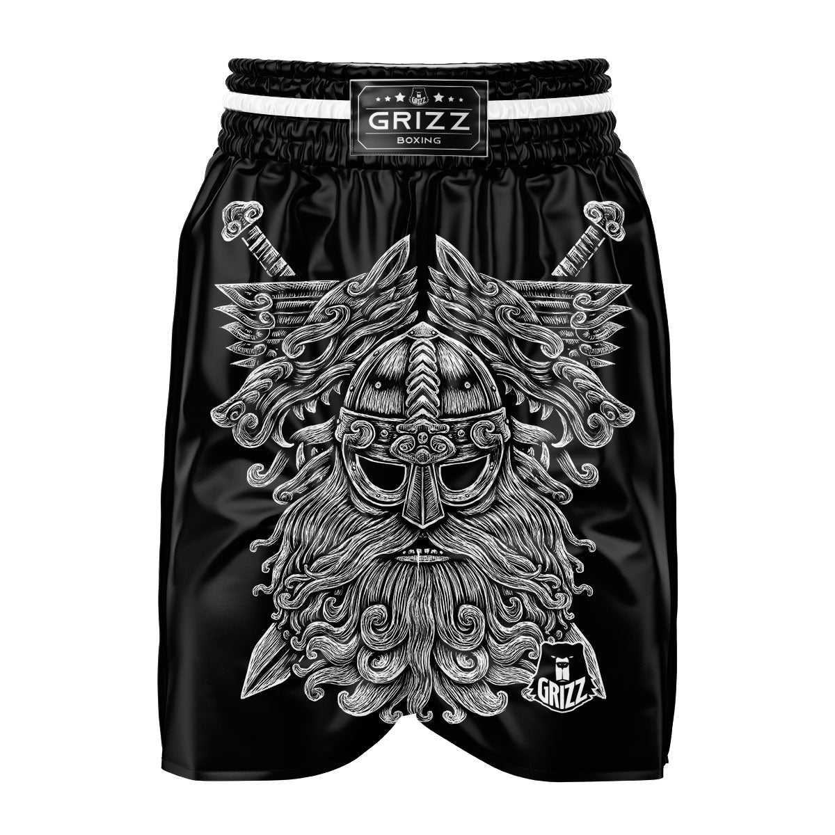 Odin With Wolfs White And Black Print Boxing Shorts-grizzshop