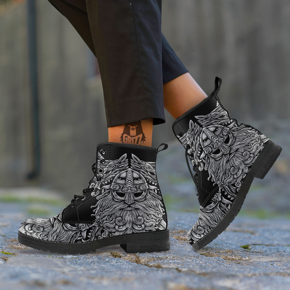 Odin With Wolfs White And Black Print Leather Boots-grizzshop