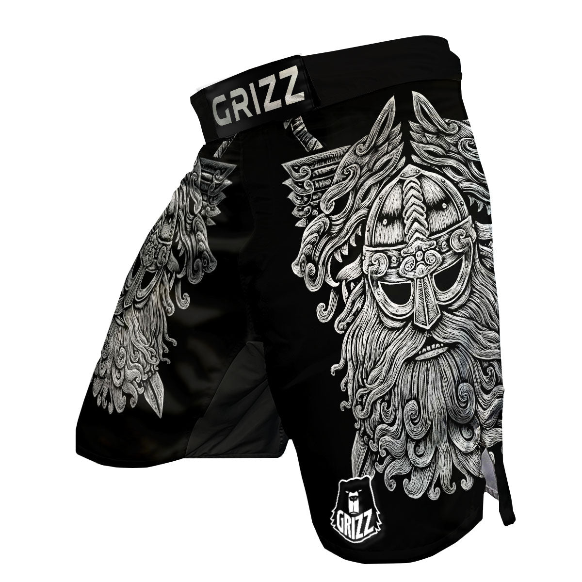 Odin With Wolfs White And Black Print MMA Shorts-grizzshop