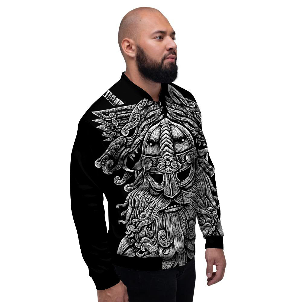 Odin With Wolfs White And Black Print Men's Bomber Jacket-grizzshop