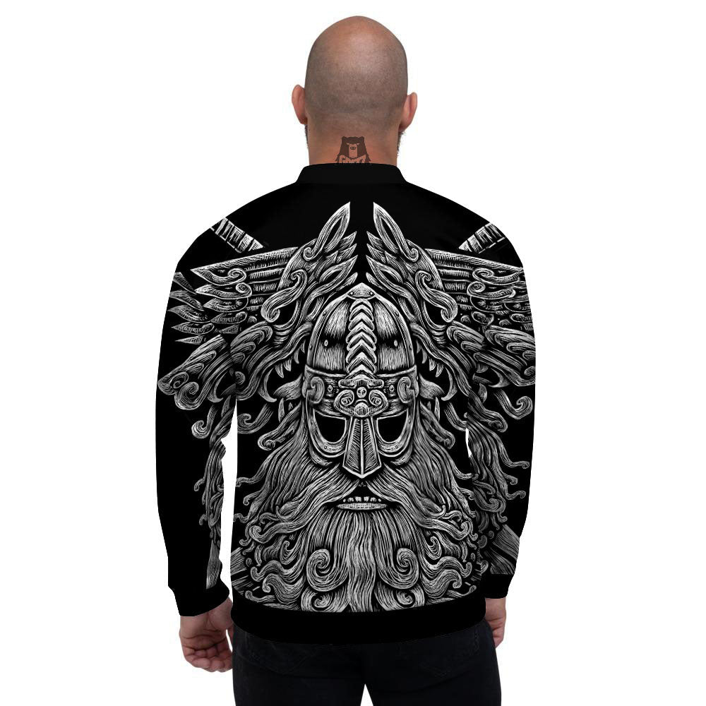 Odin With Wolfs White And Black Print Men's Bomber Jacket-grizzshop