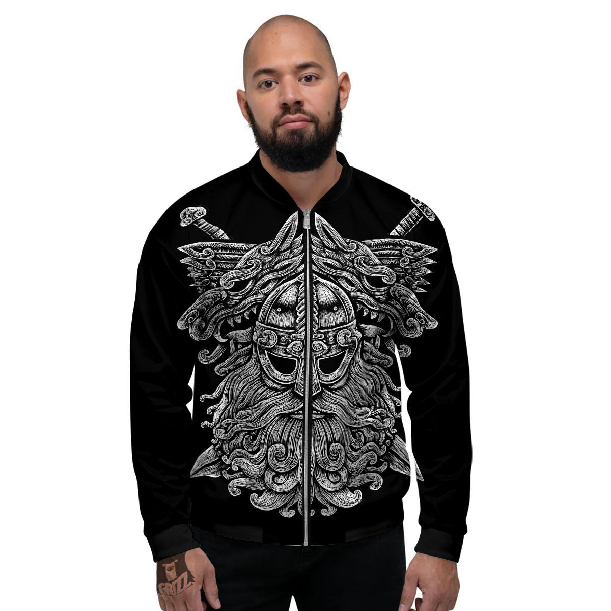 Odin With Wolfs White And Black Print Men's Bomber Jacket-grizzshop