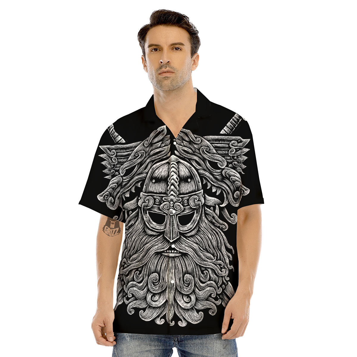 Odin With Wolfs White And Black Print Men's Hawaiian Shirt-grizzshop