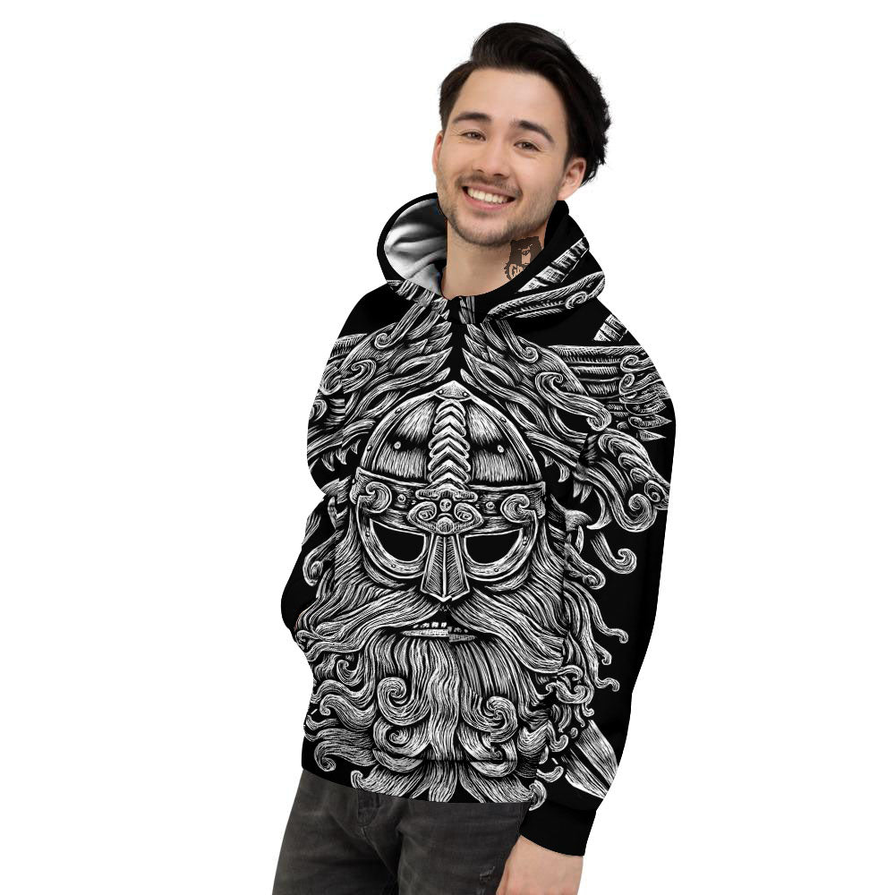 Odin With Wolfs White And Black Print Men's Hoodie-grizzshop