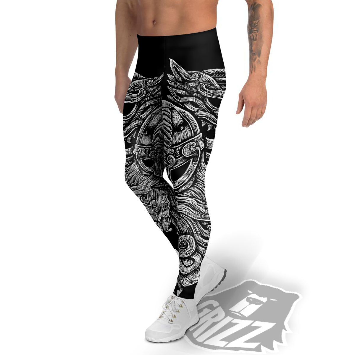 Odin With Wolfs White And Black Print Men's Leggings-grizzshop