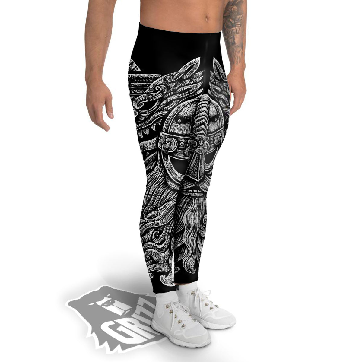 Odin With Wolfs White And Black Print Men's Leggings-grizzshop