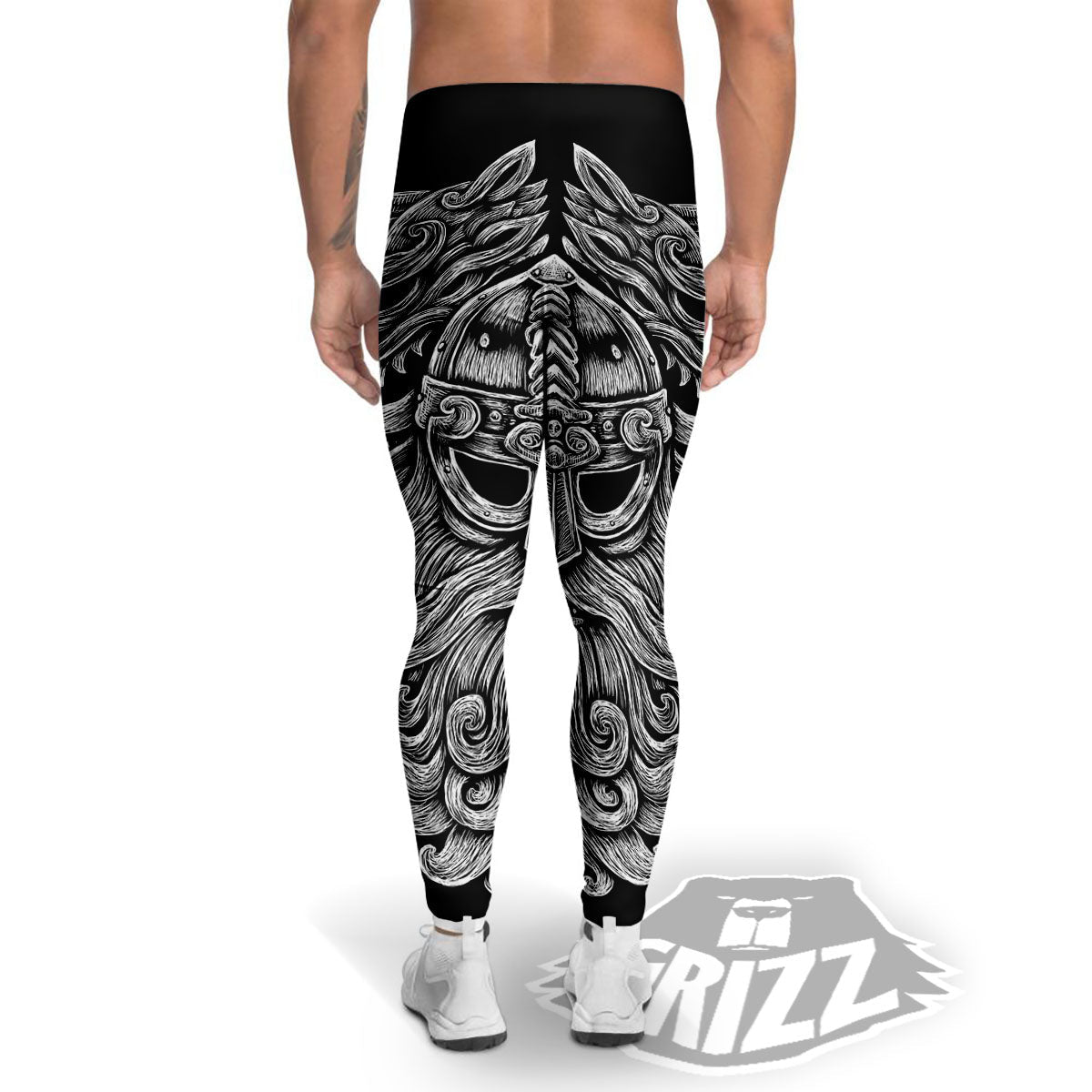 Odin With Wolfs White And Black Print Men's Leggings-grizzshop