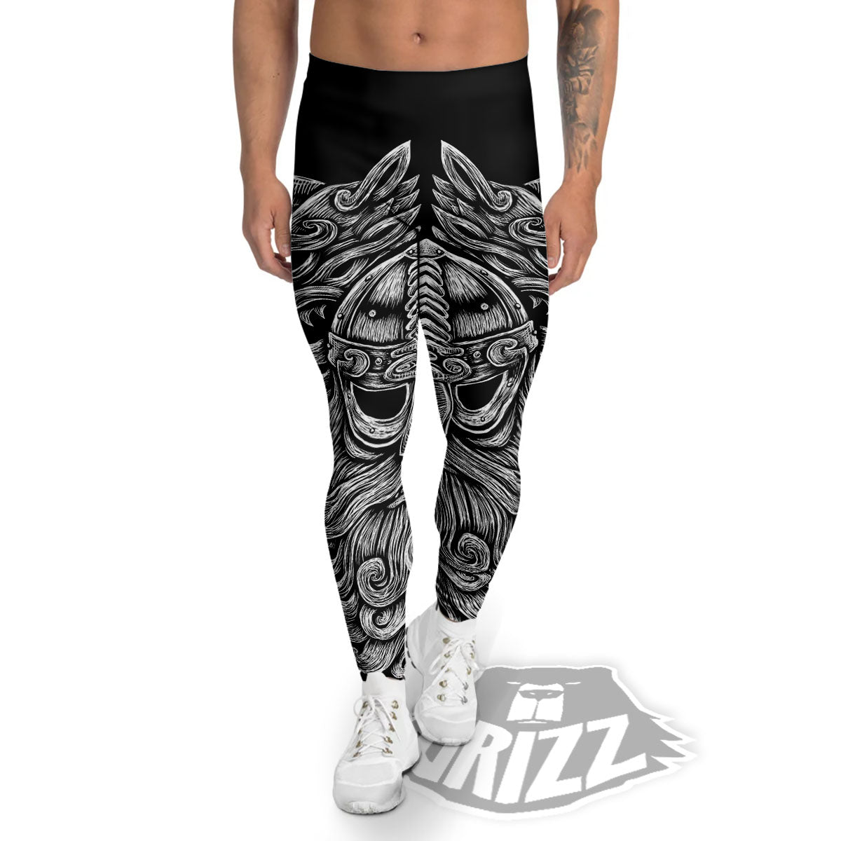 Odin With Wolfs White And Black Print Men's Leggings-grizzshop