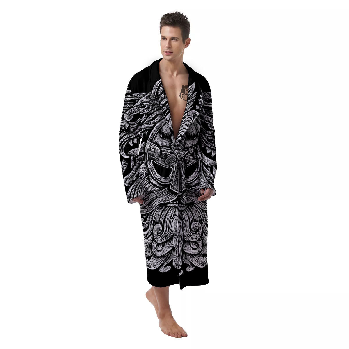 Odin With Wolfs White And Black Print Men's Robe-grizzshop
