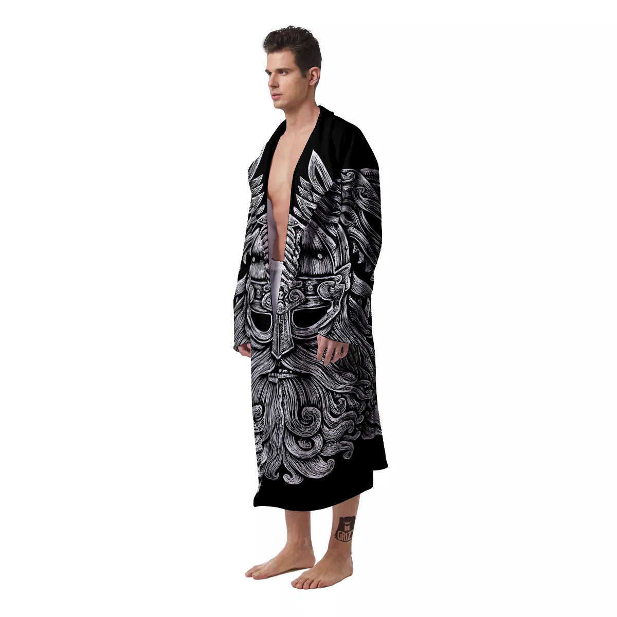 Odin With Wolfs White And Black Print Men's Robe-grizzshop