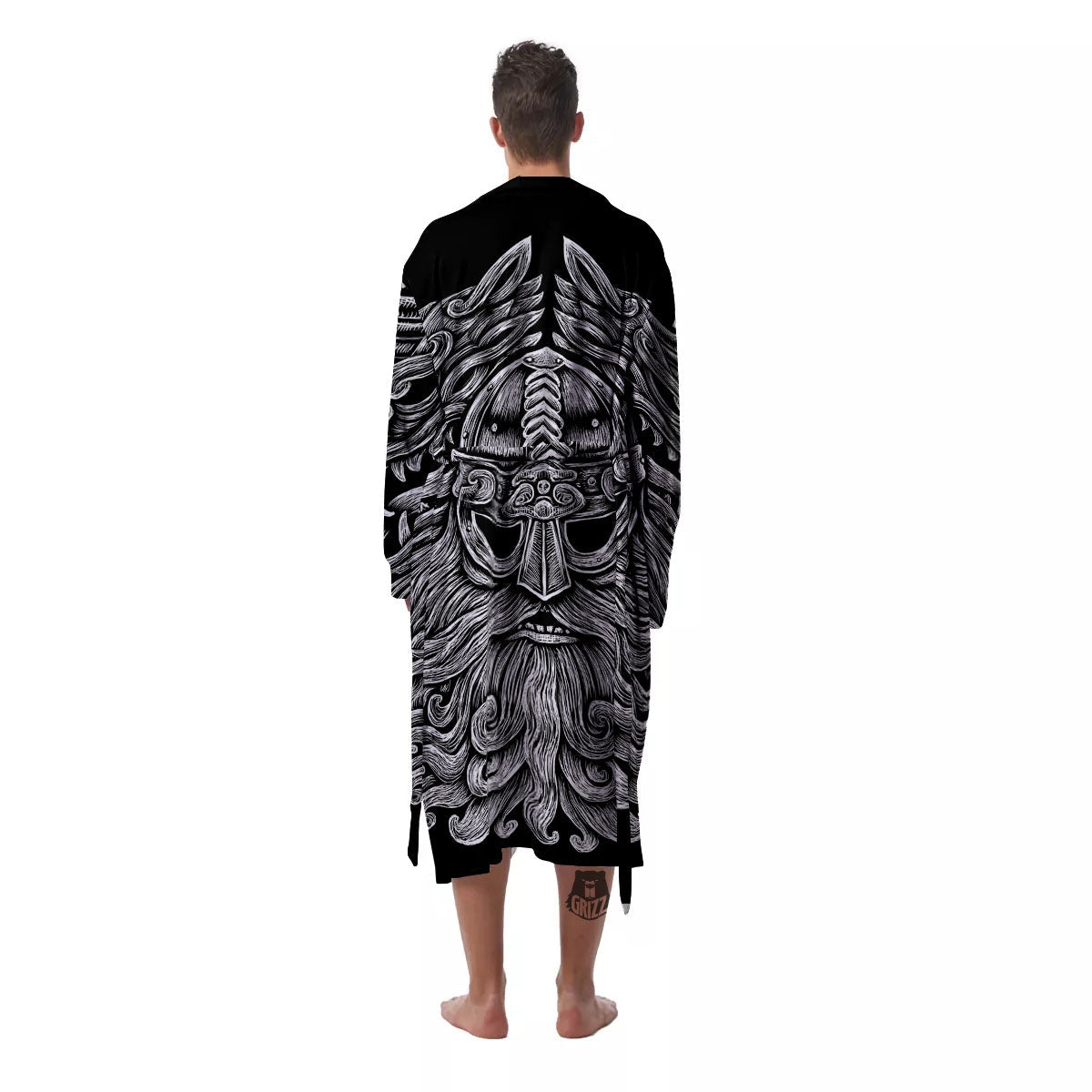 Odin With Wolfs White And Black Print Men's Robe-grizzshop