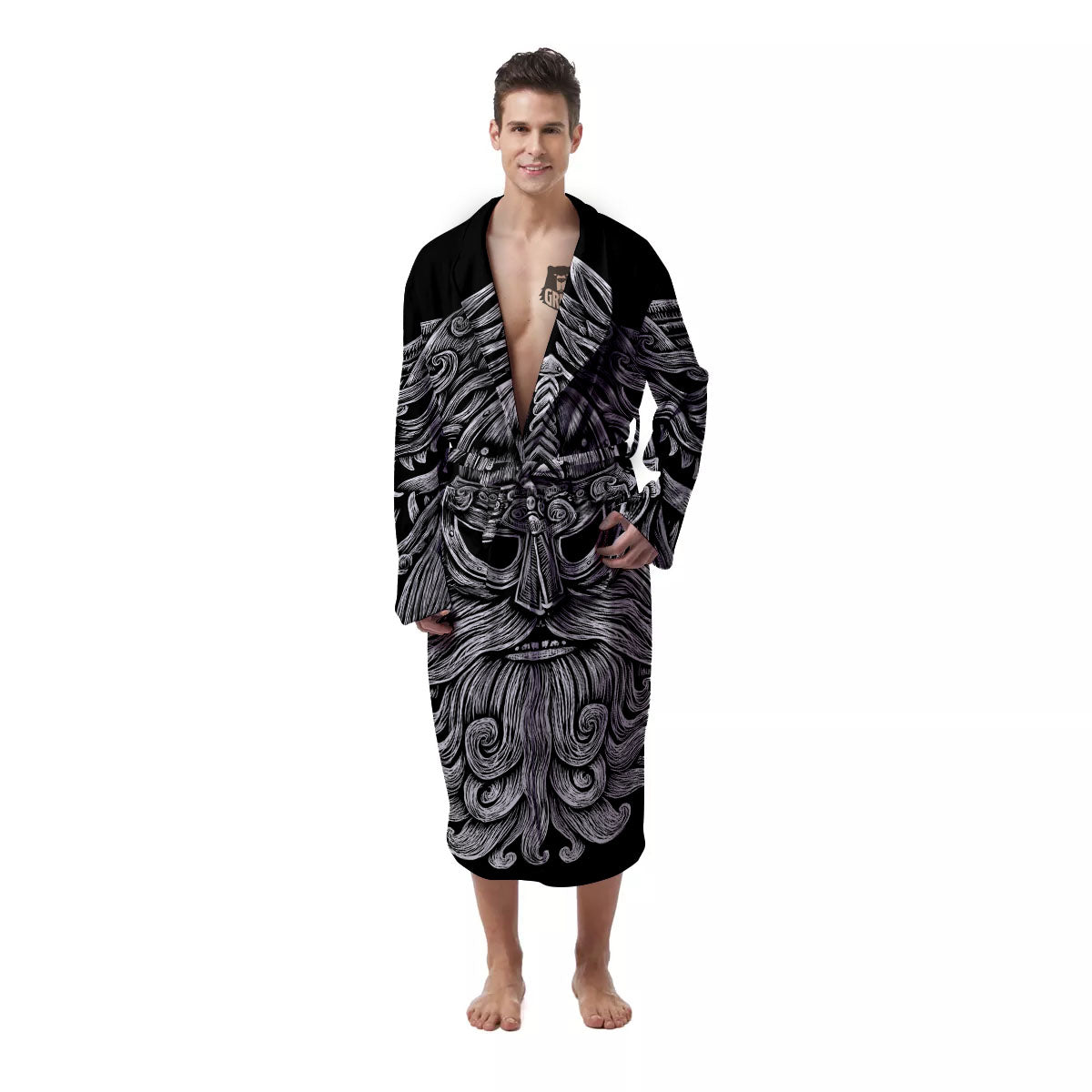Odin With Wolfs White And Black Print Men's Robe-grizzshop