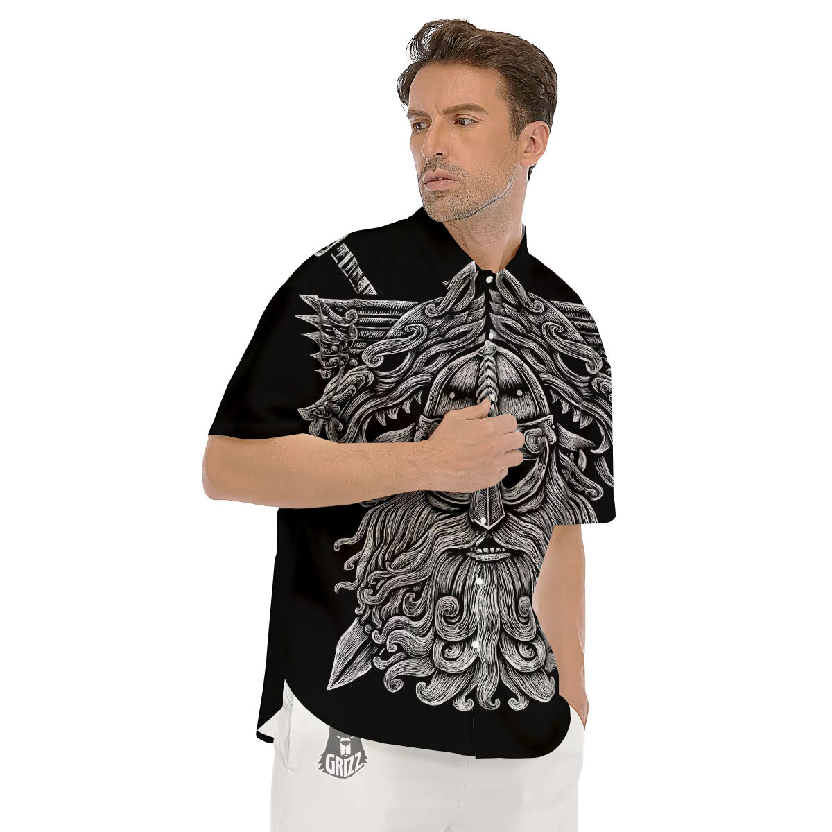 Odin With Wolfs White And Black Print Men's Short Sleeve Shirts-grizzshop