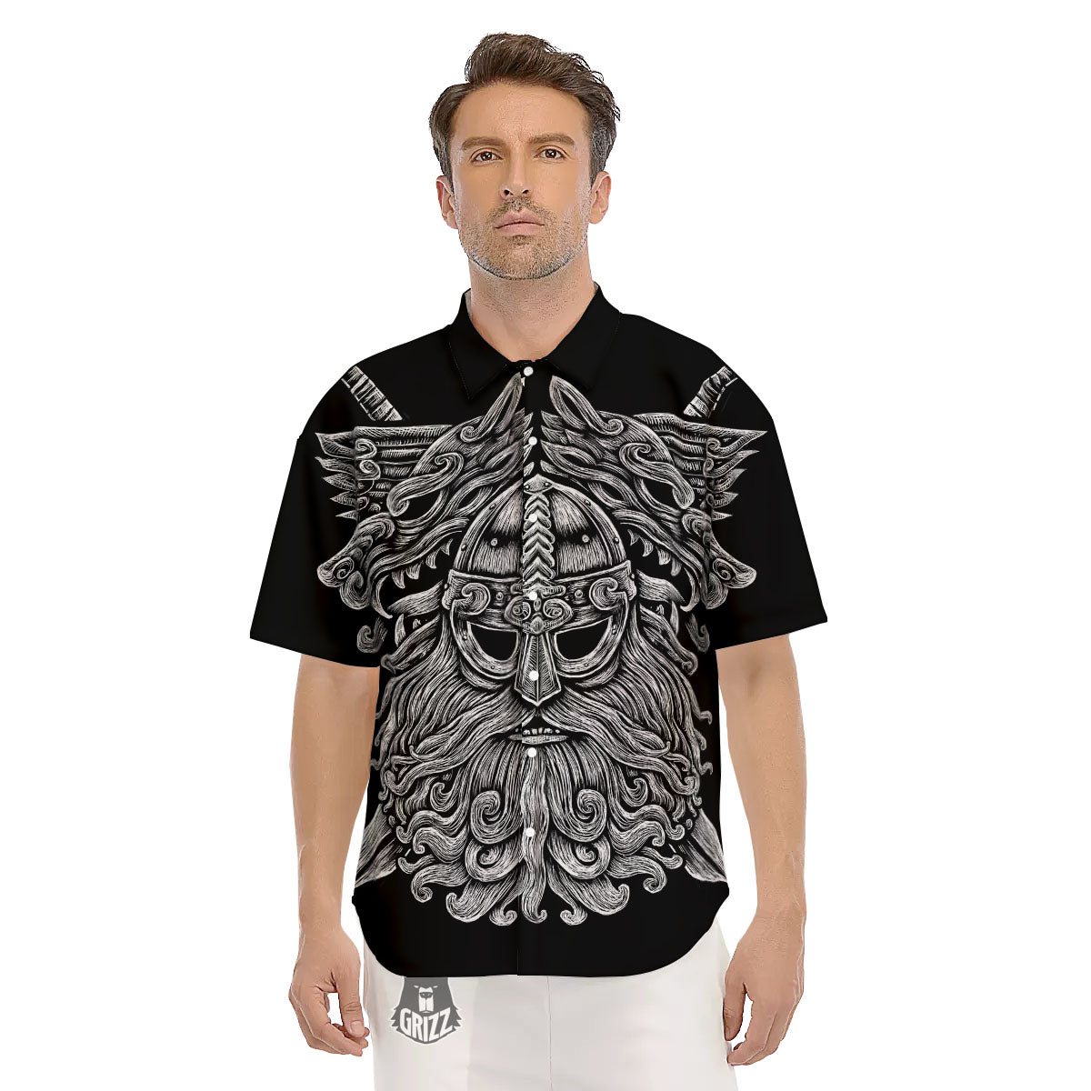 Odin With Wolfs White And Black Print Men's Short Sleeve Shirts-grizzshop