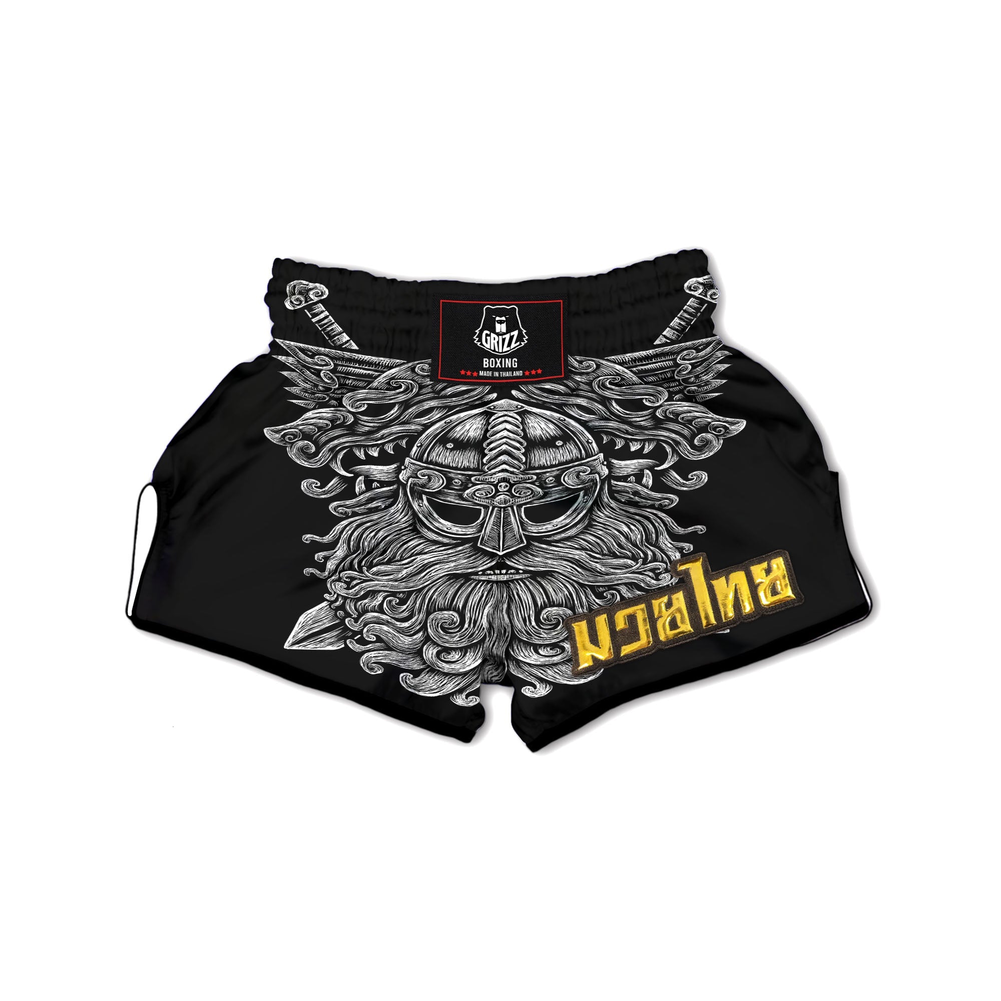 Odin With Wolfs White And Black Print Muay Thai Boxing Shorts-grizzshop