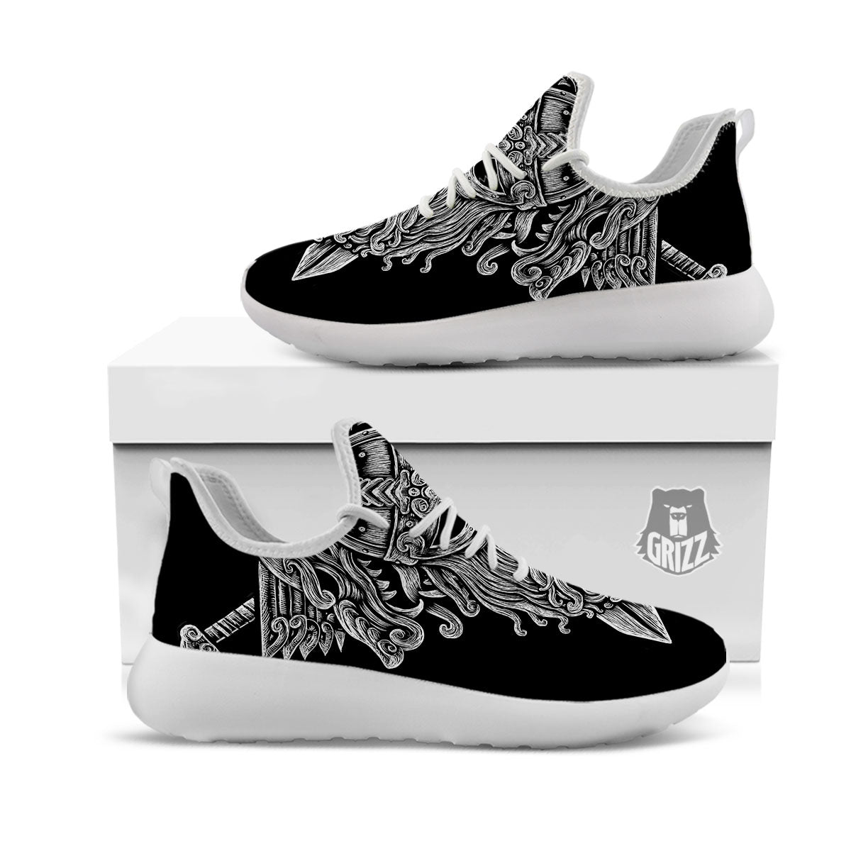 Odin With Wolfs White And Black Print White Athletic Shoes-grizzshop