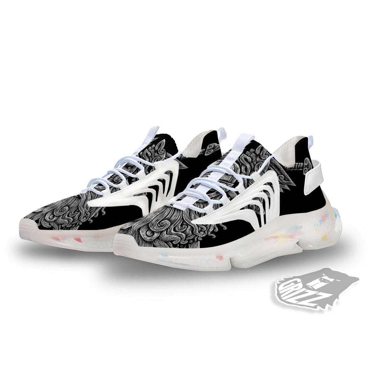Odin With Wolfs White And Black Print White Gym Shoes-grizzshop