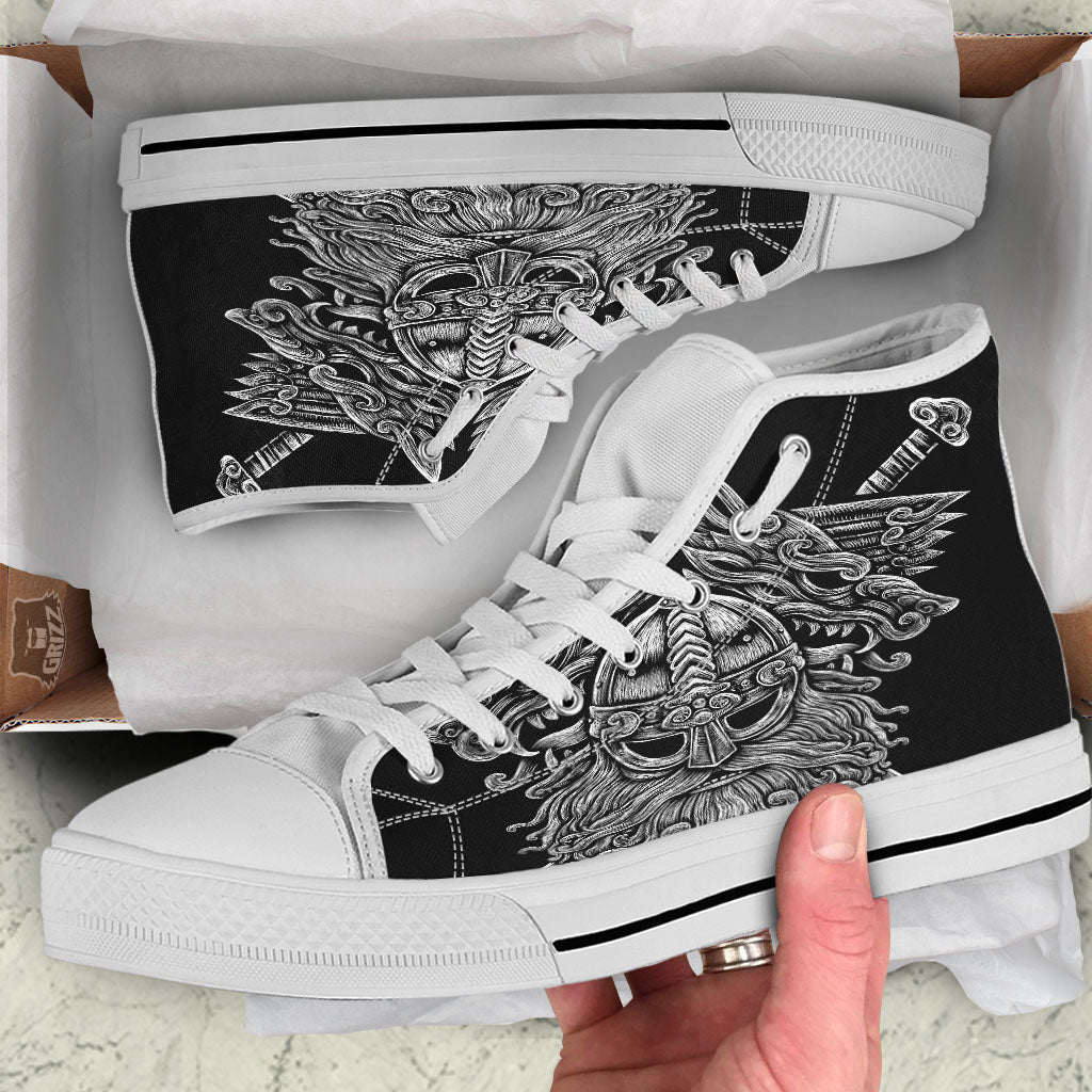 Odin With Wolfs White And Black Print White High Top Shoes-grizzshop