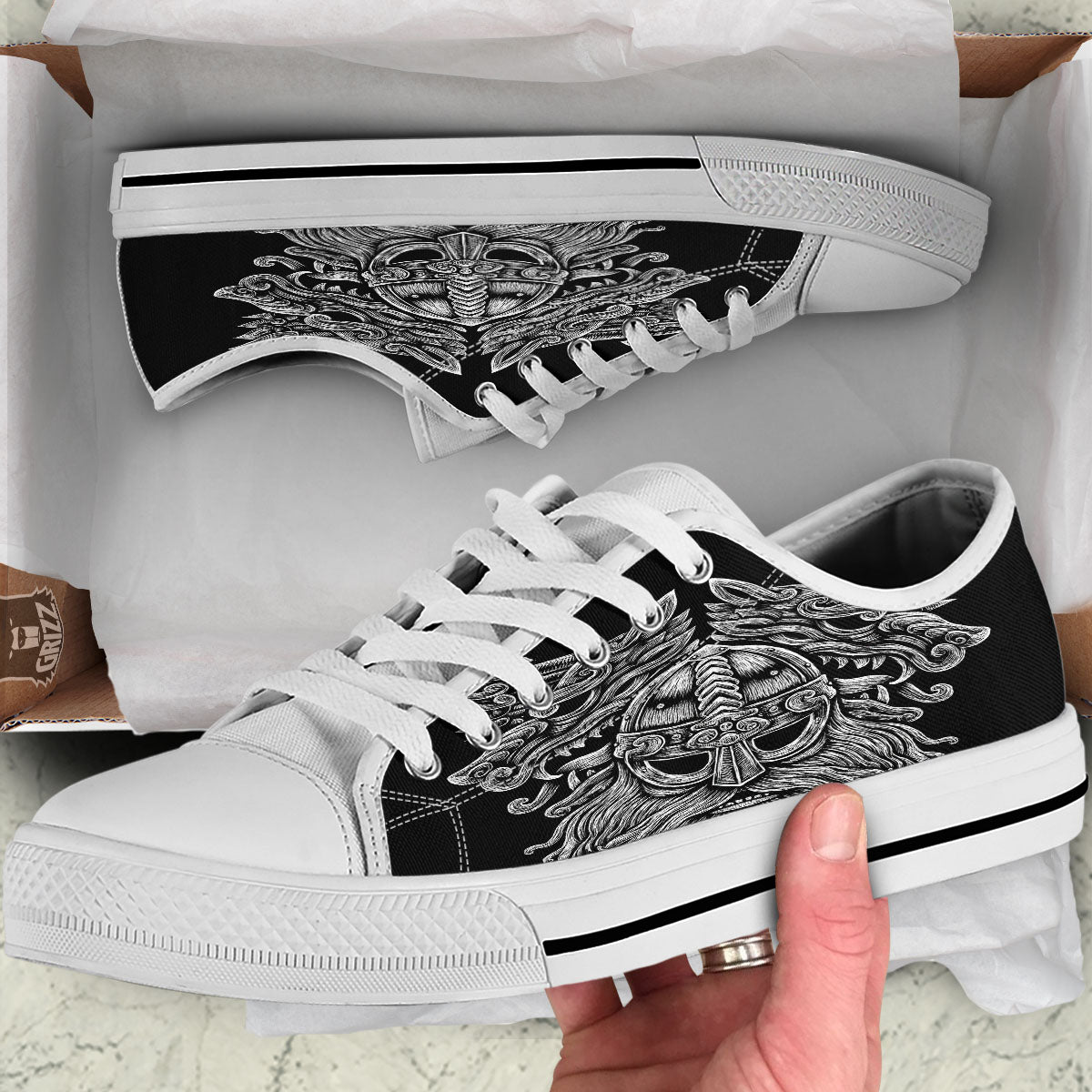 Odin With Wolfs White And Black Print White Low Top Shoes-grizzshop