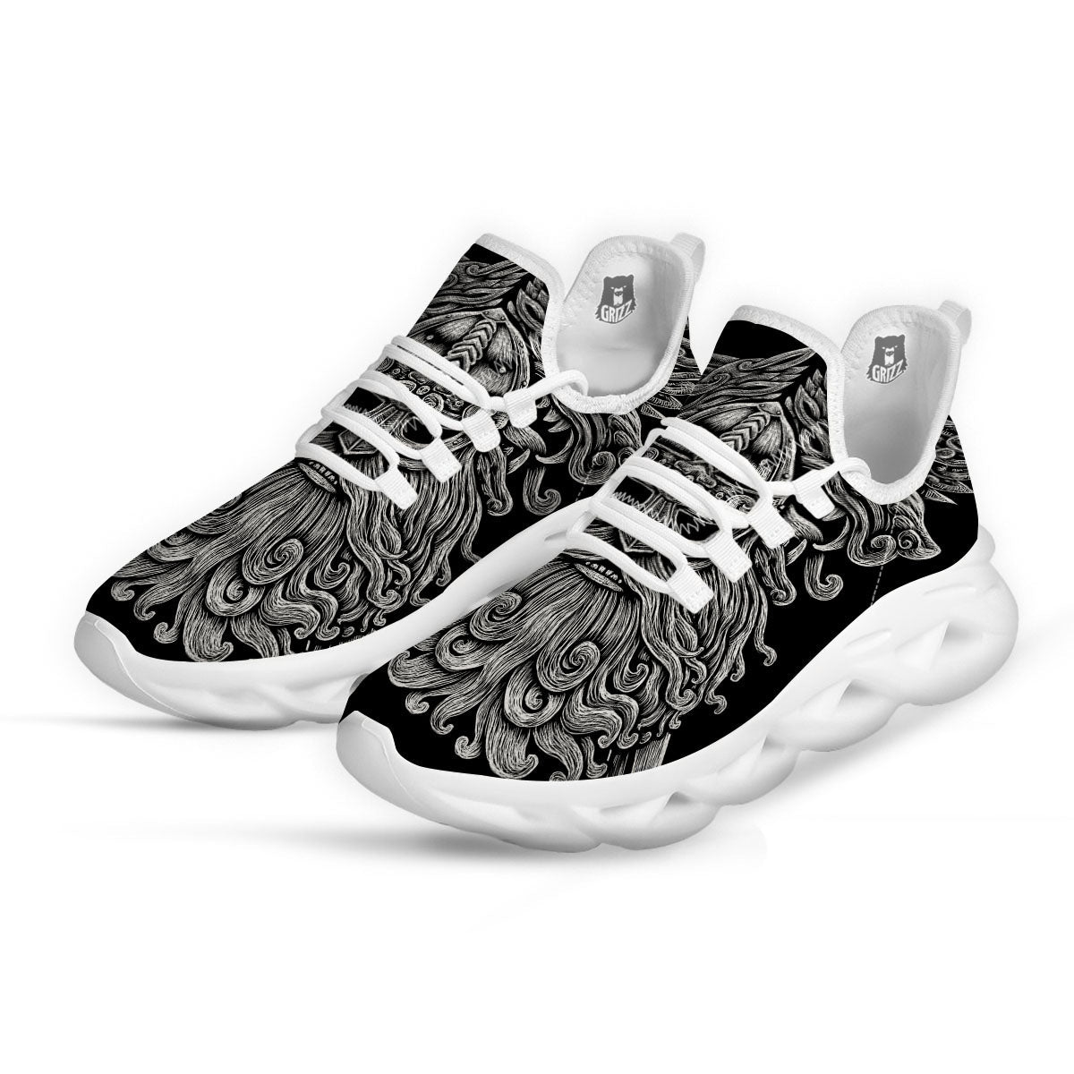 Odin With Wolfs White And Black Print White Running Shoes-grizzshop