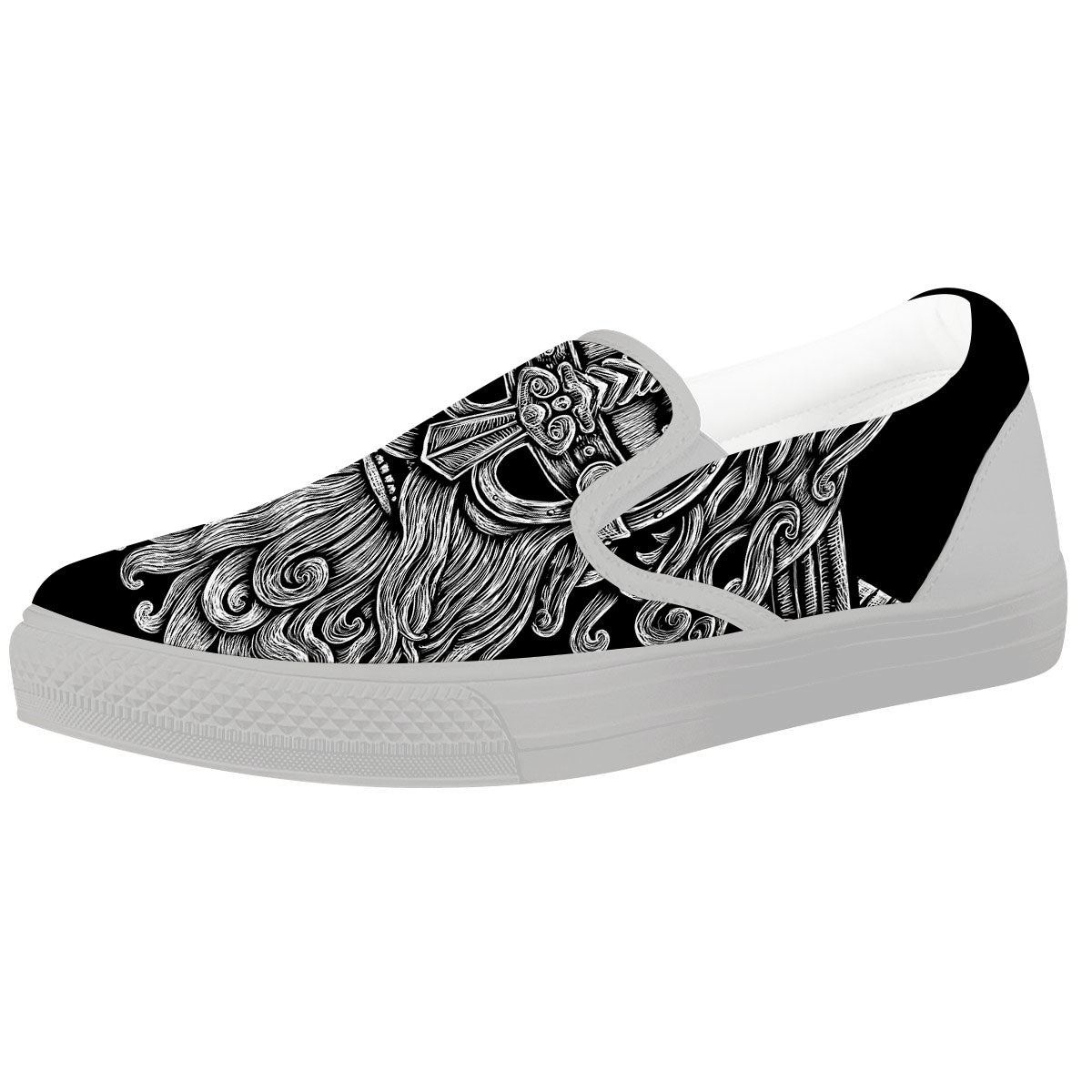 Odin With Wolfs White And Black Print White Slip On Shoes-grizzshop
