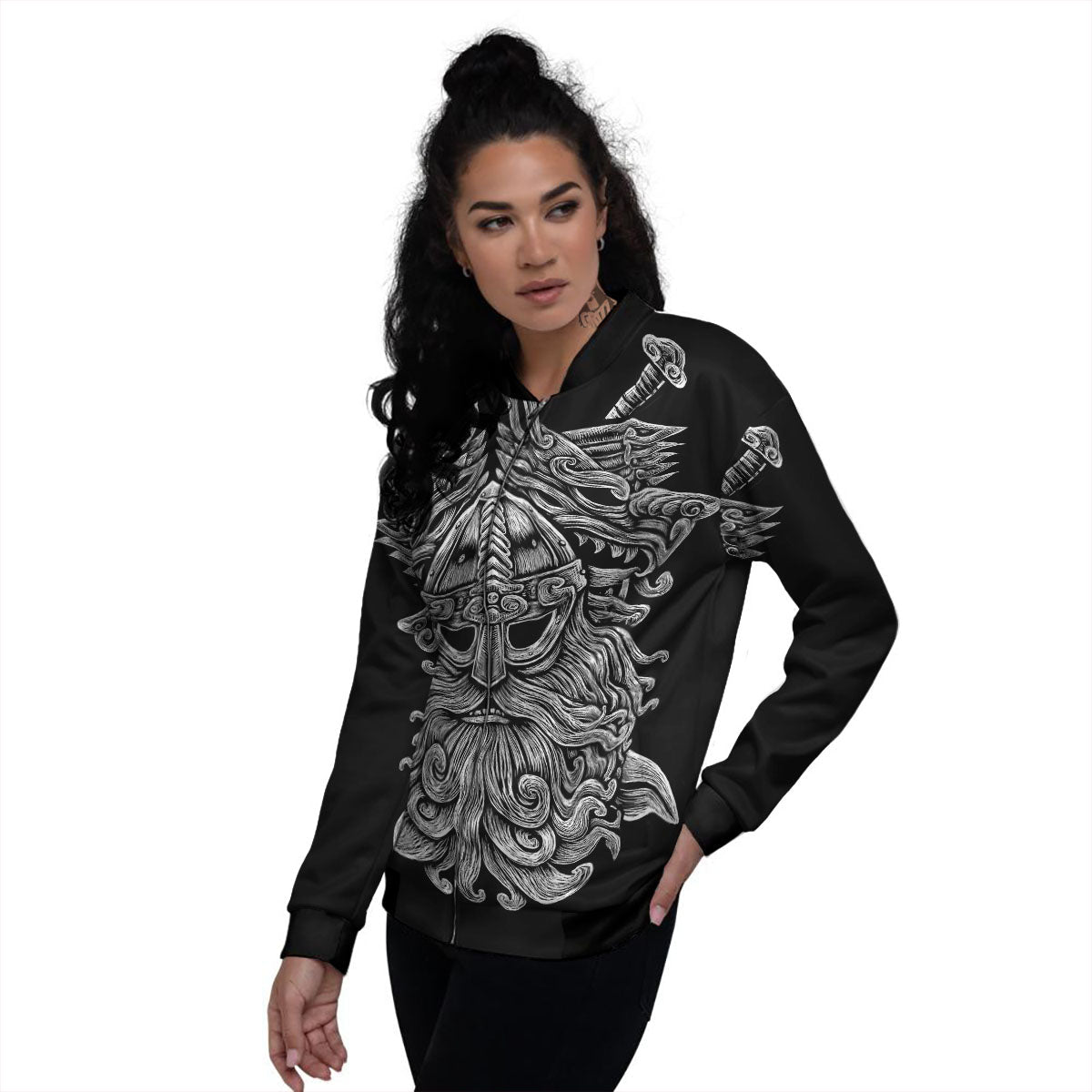 Odin With Wolfs White And Black Print Women's Bomber Jacket-grizzshop