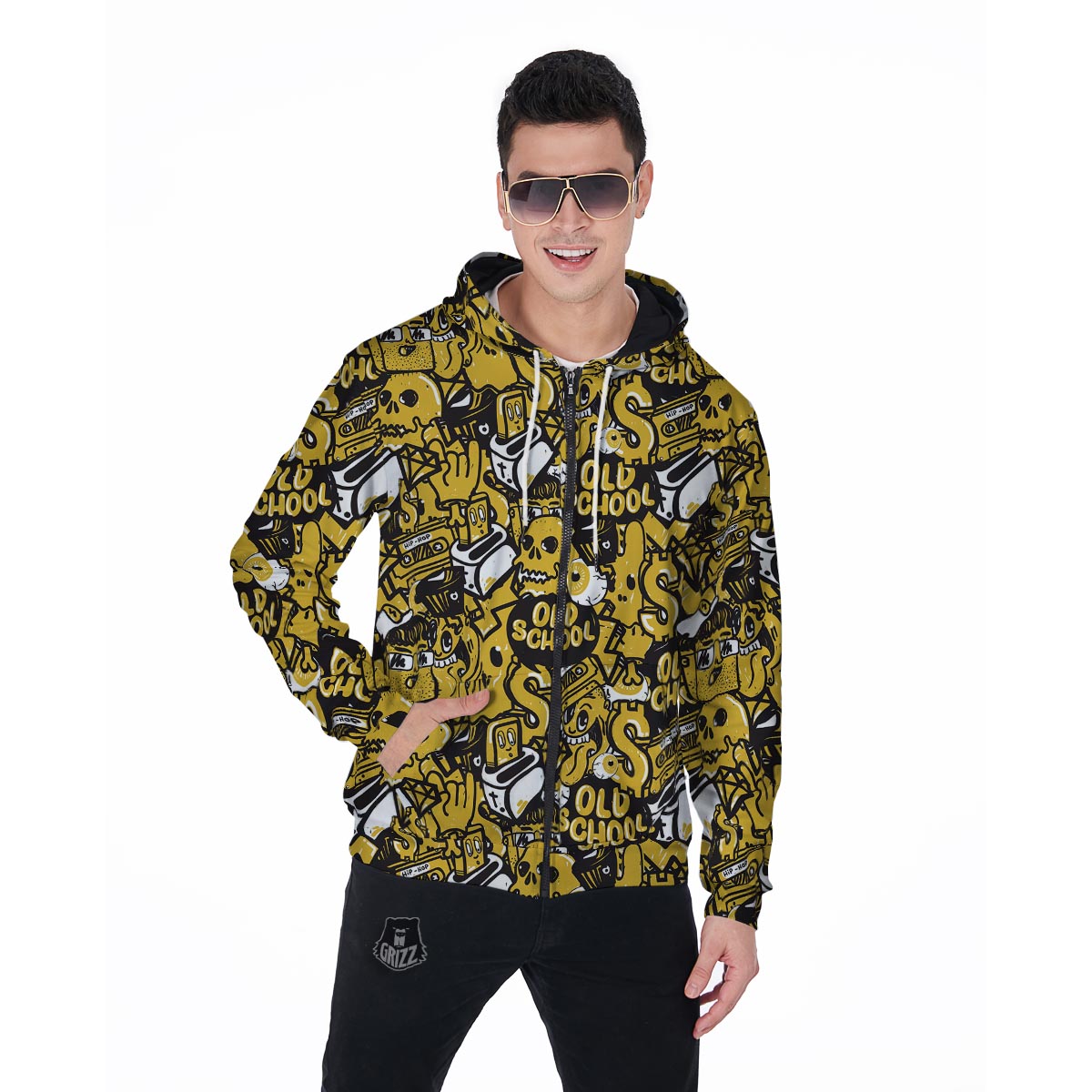 Old School HipHop Print Men's Zip Up Hoodie-grizzshop