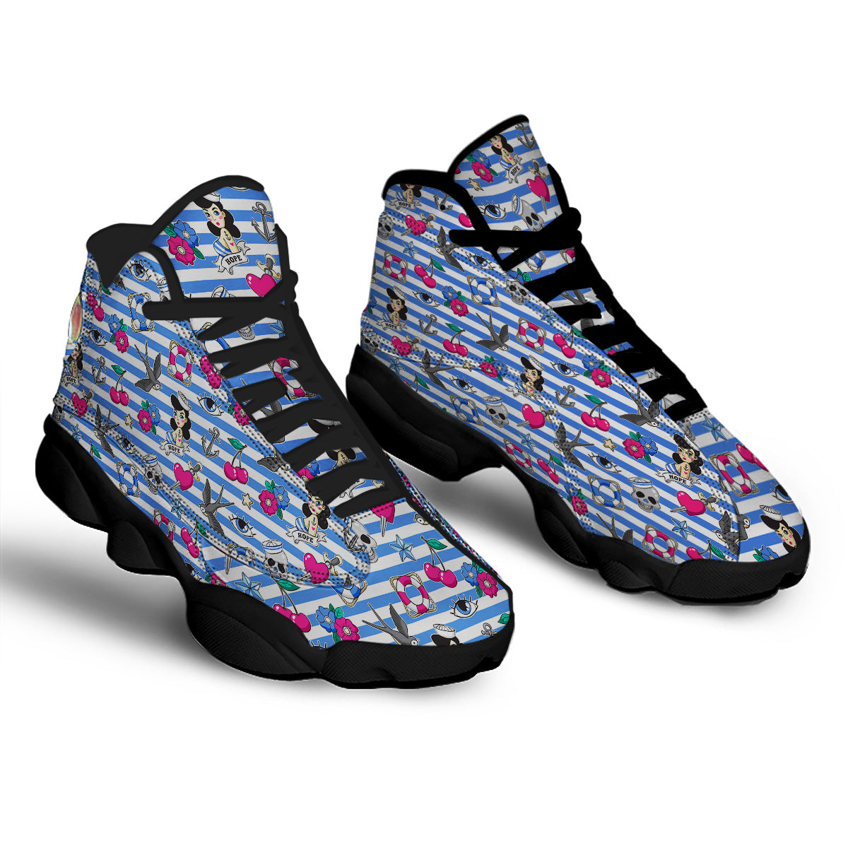 Old School Sailor Striped Print Pattern Black Basketball Shoes-grizzshop