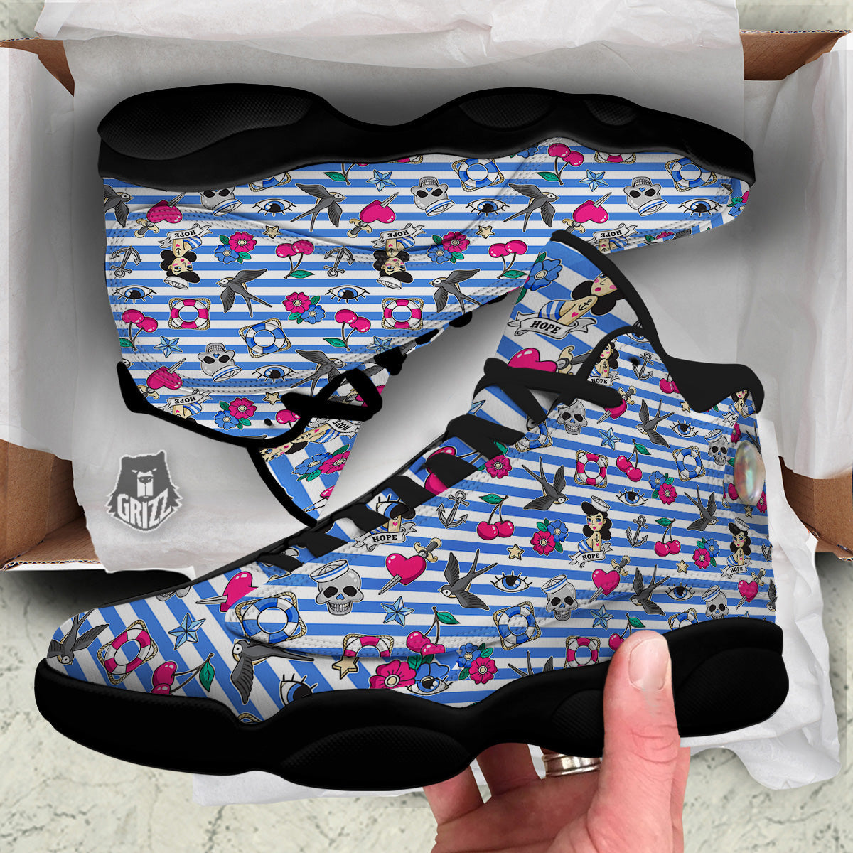 Old School Sailor Striped Print Pattern Black Basketball Shoes-grizzshop